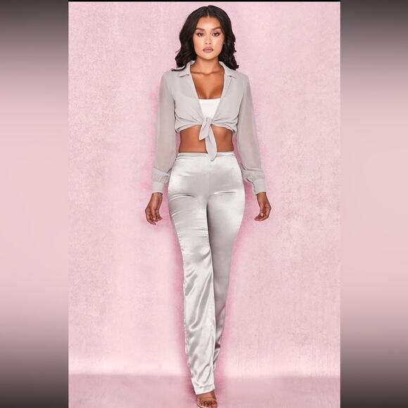 HOUSE OF CB Emiliana Silver Smokey Grey Silky Satin Trousers Tailored Pants - Picture 3 of 8
